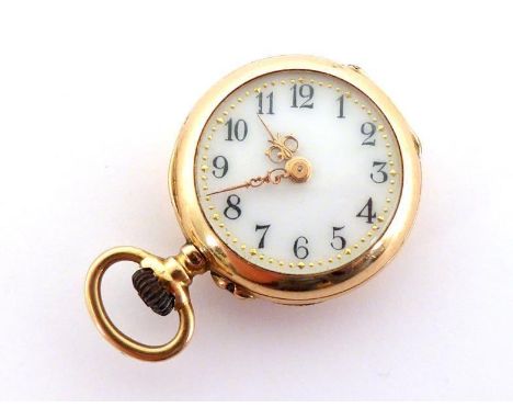 A miniature fob pendant, the  four piece case with white enamel dial, Arabic numerals and Louis XV hands, bar cylinder moveme