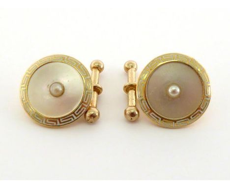 A pair of Edwardian 18 carat gold, mother of pearl and enamel cufflinks, each link centred on a small seed pearl, to a Greek 