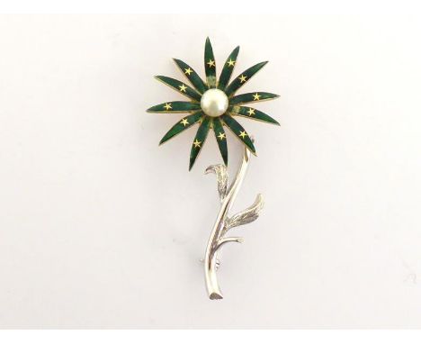 An enamel and cultured pearl flower brooch, the flower head set to the centre with a 5.9mm pearl, mounted in white and gold m