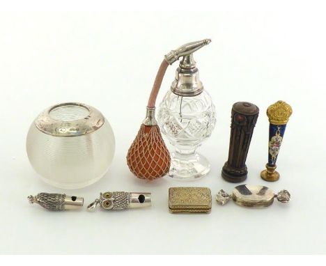 A mixed group comprising:- a cut-glass scent atomiser with white metal mount stamped "Sterling silver", 12.5 cm. high (glass 