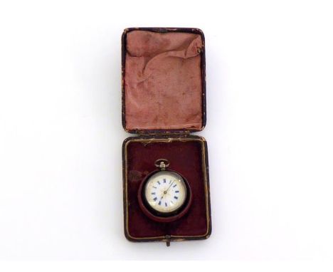A late 19th century Swiss silver fob watch, the white enamel dial with blue Roman numerals spade hands and gilt detail, bar c