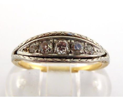 A diamond five stone ring, set with small graduated stones, mounted in platinum to a yellow gold shank, finger size K/L, 2.7g