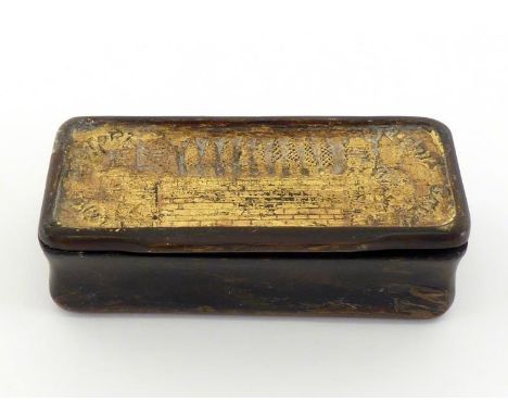 Judaica:- a carved and partly gilded rectangular horn snuff box, probably German, mid-19th century, the top depicting a view 