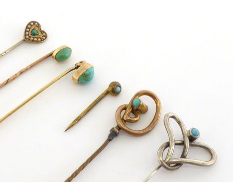 Six turquoise-set stick pins, the first an Edwardian Arts and Crafts silver example, hallmarked Chester 1902; one collet set,