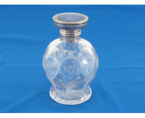 An etched glass scent bottle with lilac guilloche enamelled silver hinged cap, by Henry Matthews, Birmingham, circa 1920 (dat