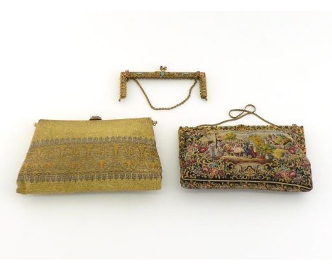 Two 1950s clutch bags, one of tapestry, with a paste and enamel set frame, 22 x 14cm; the second, a beaded example with paste