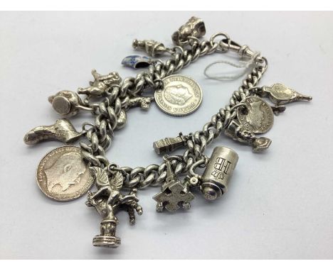 A Hallmarked Silver Curb Link Charm Bracelet, suspending assorted novelty charms, to include articulated tankard, enamelled D