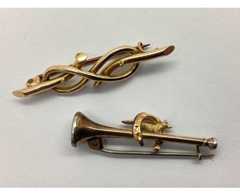 An Antique Love Knot Style Bar Brooch, stamped "15CT", approximately 4.3cm long, together with another antique bar brooch, in