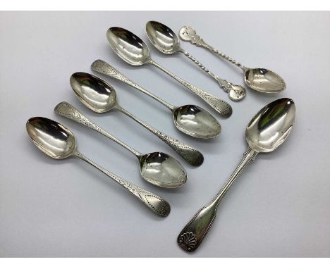Five Georgian Hallmarked Silver Teaspoons, (marks rubbed), with decorative engraved handle, together with two hallmarked silv