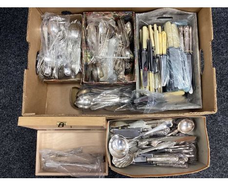 A Quantity of Plated Flatware, to include Philip Marks King's pattern cutlery, Walker &amp; Hall table spoons, Mappin &amp; W
