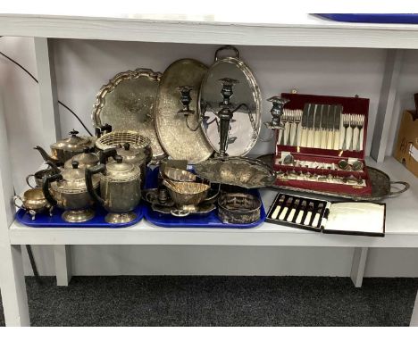 A Quantity of Platedware, to include Viners foliage cap jug, EPNS teaset, large rose bowl, lidded mustard, twin branch candel