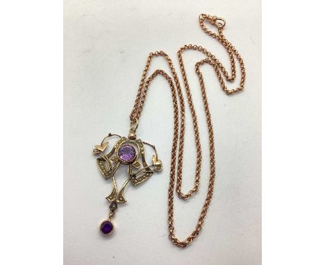 A Seed Pearl and Stone Set Lavalier Pendant, circular collet set to centre between openwork sinuous surround, suspending circ
