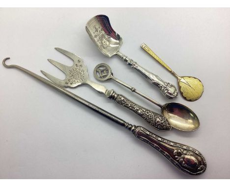 A Collection of Hallmarked Silver Items, to include a Masonic teaspoon, enamel inlaid demitasse spoon, caddy spoon, silver ha