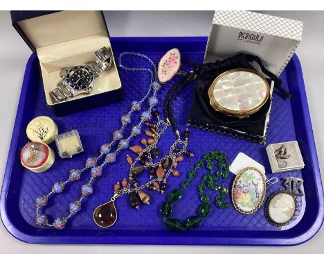 An Assortment of Vintage and Later Costume Jewellery, to include vintage monogrammed brooch, wedding cake glass bead necklace