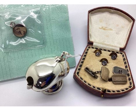 A Pair of Gent's Cufflinks, of rectangular engine turned design, on chain link connections, stamped " 9ct on SILVER", togethe