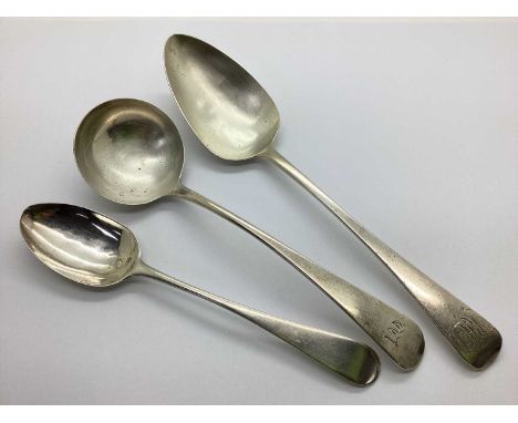 A Georgian Hallmarked Silver Serving Spoon, T.D, London 1813, initialled to terminal, together with a Georgian hallmarked sil