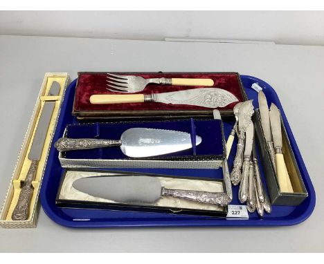 A Collection of Hallmarked Silver Finialled Flatware, to include Viners King's pattern cake server, decorative chased fish se