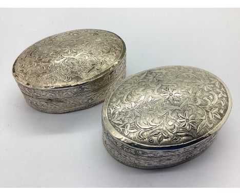A Pair of Small Oval Trinket Boxes, allover floral design, (unmarked), approximately 6.8cm x 5cm (81grams total).
