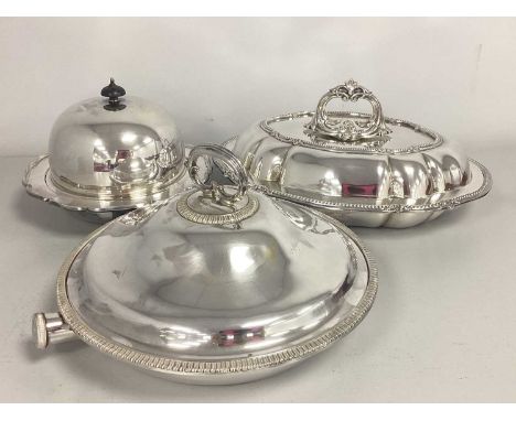 A Walker &amp; Hall Entreé Dish, another by Harrison Brothers &amp; Howson, and a Harrods London three part muffin dish.