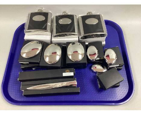 Hip Flasks, compact mirrors, pill boxes and letter openers, all boxed.