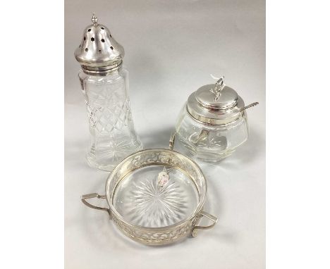 A Hallmarked Silver Mounted Glass Sugar Shaker, Sheffield 1924, of tapered form, pierced detachable lid, together with a hall