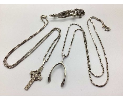 A Hallmarked Silver Marcasite and Imitation Pearl Bead Inset Brooch, of foliage design, together with a wishbone pendant stam