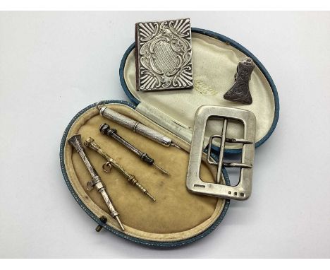 A Vintage Hallmarked Silver Buckle, A.A.V &amp; Co, Sheffield 1916, of plain rectangular form, together with a small collecti