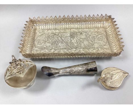 A Decorative Filigree Trinket Tray, of pierced design, raised on ball feet, a similar peacock style pill box, with slidind li