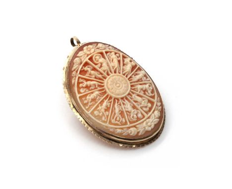A Highly Decorative Carved Shell Cameo Brooch / Pendant, in the style of 'Hours of The Day and Night' after Raphael Sanzio d’