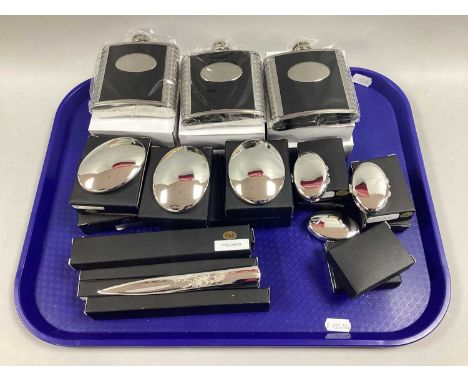 Hip Flasks, compact mirrors, pill boxes and letter openers, all boxed.