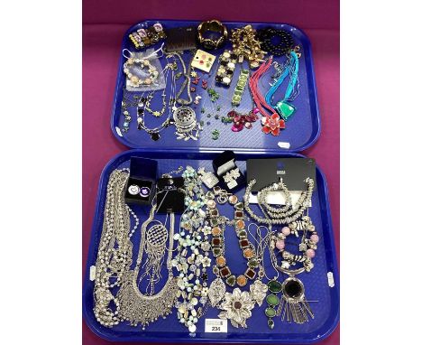 An Assortment of Costume Jewellery, to include a pair of filigree flowerhead earrings, stamped "925", enamelled panel necklac