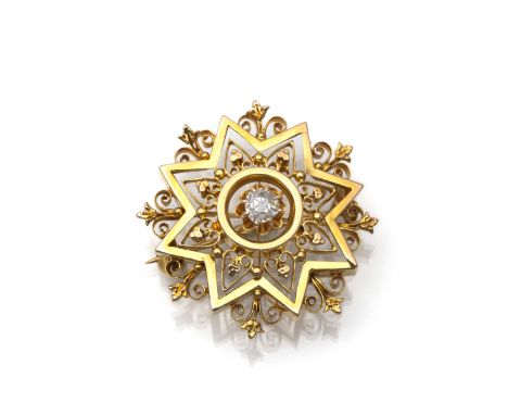 Historismus-Brosche in SternformEnde 19. Jh.D. 2,8 cm14kt Roségold, punziert. Mittig ein Altschliffdiamanten ca. 0,20ct K-M/P