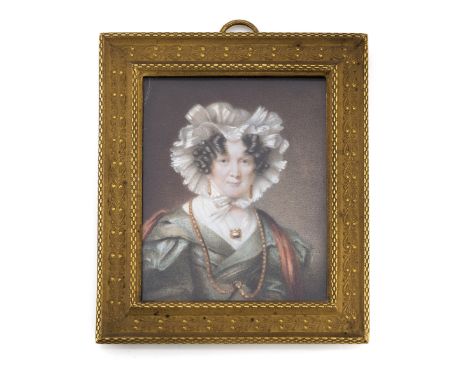 Portrait einer Dame mit Haube und GoldschmuckDeutsch, um 182010 x 8 cmGouache/Elfenbein. Platte oben links leicht beschädigt,