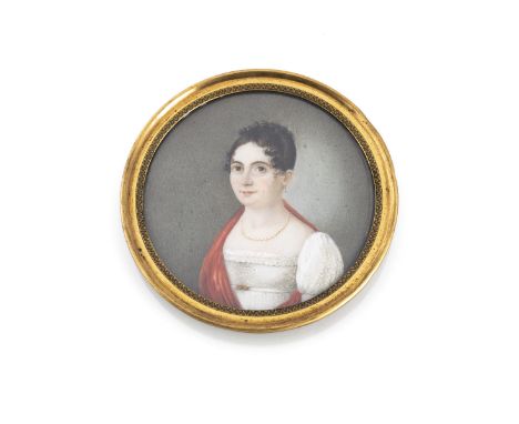 Portrait einer Empire-Dame mit rotem Schalwohl Italien, um 1800D. 7,5 cmGouache/Elfenbein, Zierrahmen. Leicht berieben. Mit C