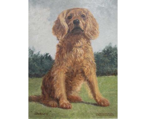 M Stanger Pritchard (exh 1905-1918): Jason - seated portrait of a spaniel dog, signed, titled, oils on board, 36 x 25cm(36cm 