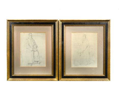 After Ingres, Two portrait studies, prints and one further print of figure group in red (3)