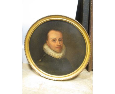 Portrait of a man in armour, oil, circular, 34cm diam.
