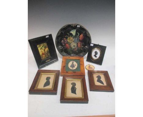 A pair of mid 19th century silhouettes together with a quantity of portrait miniatures etc