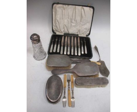 A part fruit set with silver blades (lacking one fork), 4 dressing table brushes, glass body caster, etc