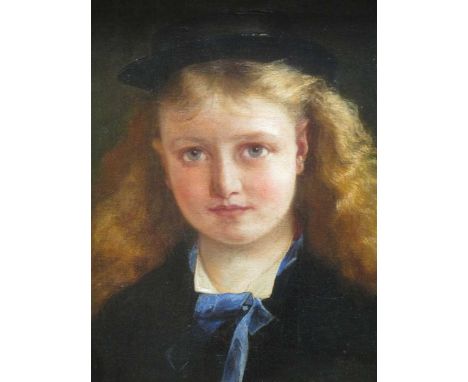 Portrait of a young girl in a blue bow tie and a hat, oil on canvas in a gilt swept frame, 44 x 35.5cm, framed 74 x 65cm