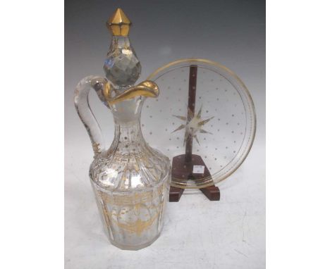 Royal Doulton mugs and figurines, Webb cut glassware, gilt decanter and tray, etc