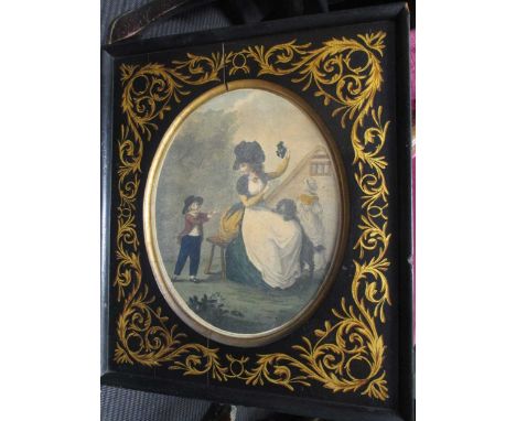 A pair of coloured prints, after Henry Singleton with 'Going to Market', the other with a family group, in Italianate painted
