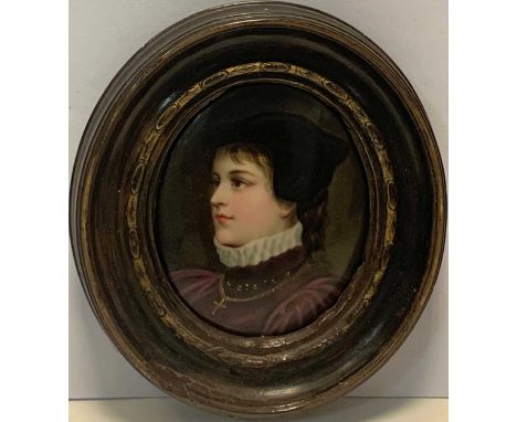 A 19th Century Portrait miniature, thought to be of Mary Queen of Scots, in a purple dress, ruff collar and black velvet hat,