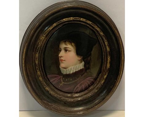 A 19th Century Portrait miniature, thought to be of Mary Queen of Scots, in a purple dress, ruff collar and black velvet hat,