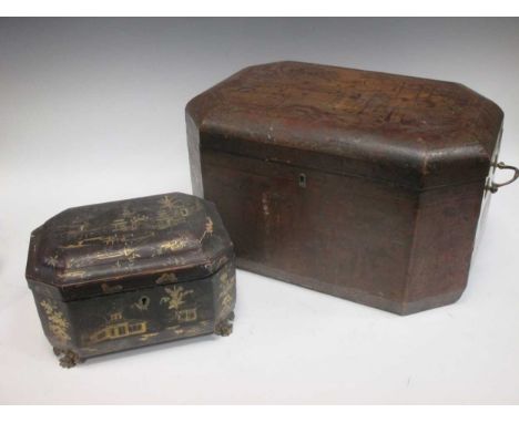 A large two-handled Chinese lacquered export box, the top decorated with figures in a garden, 44cm wide; am early 19th centur