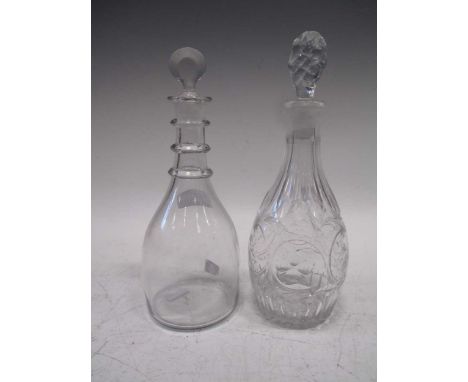 An 18th Century half size decanter, one plain/one engraved 1760