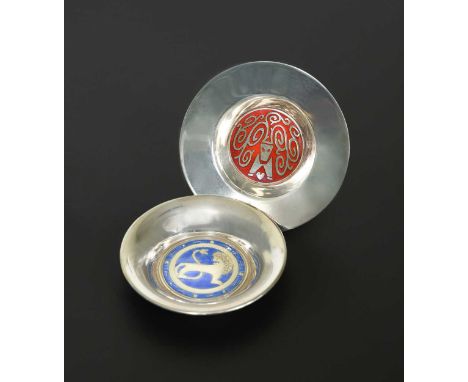 enamelled in red, together with another Scandinavian metalwares and enamel pin dish, possibly by David Andersen, enamelled in
