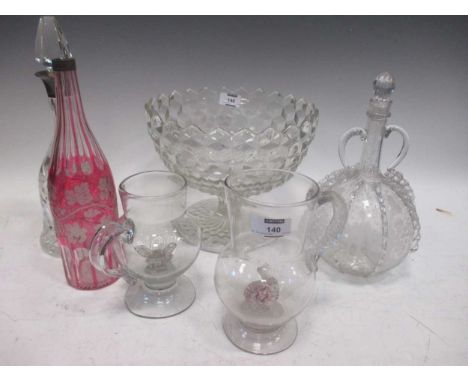 Items of glassware to include a Regency decanter, a large pedestal bowl, candlesticks, Venetian type decanter, gilt decorated