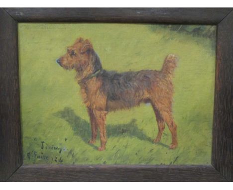 George Paice: "Jimmy" - standing portrait of a terrier dog on grass, signed, titled and dated (19) 24, oils on canvas, 20 x 2