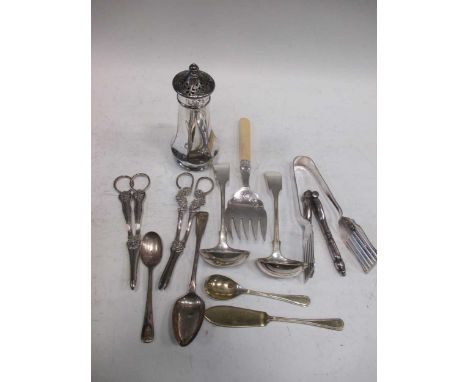 A Russian enamel silver tea spoon together with various silver plated cutlery and a small quantity of silver